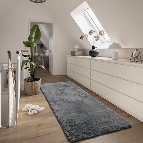 ONASAR 2x6 Grey Runner Rugs for Bedroom Living Room, Fluffy Bedside Hallway Throw Area Rug, Gray Ultra Soft Plush Furry Floor Carpet Mat for Nursery Kids Dorm Closet Home Decor Aesthetic - color: Grey, size: 2' x 6' (Runner)