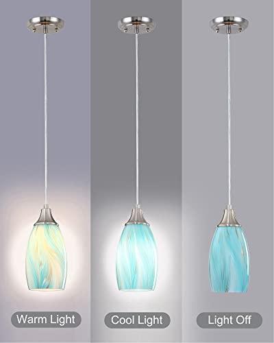 karyfine Mini Pendant Light,Handcrafted Art Glass Pendant Lighting Shade with Brushed Nickel Finished Teal Glass Ceiling Hanging lamp Adjustable Cord for Kitchen Island,Hallway,Dining Room - color: Teal with Gold-1Pack