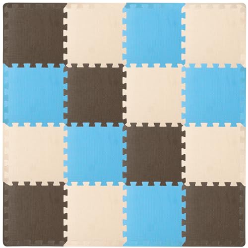ProSource Baby Play Mat, Soft Foam Floor Tiles for Kids, Interlocking EVA Panels for Playpen Use, Crawling Development Surface, Safe Non-Toxic Toddler Flooring, 16 Tiles, Blue/Brown/Beige - color: Blue/Brown/Beige, size: 16 Tiles