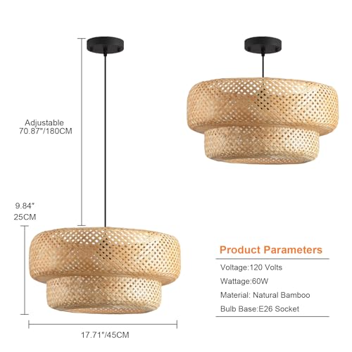 18.12 Inch Bamboo Pendant Light Hand Woven Dining Room Lights Wicker Hanging Bamboo Light Fixture for Living Room Kitchen Bedroom Coffee Restaurant Hallway - color: Bamboo 2-Tier, size: 18.12 inch-2 Layer