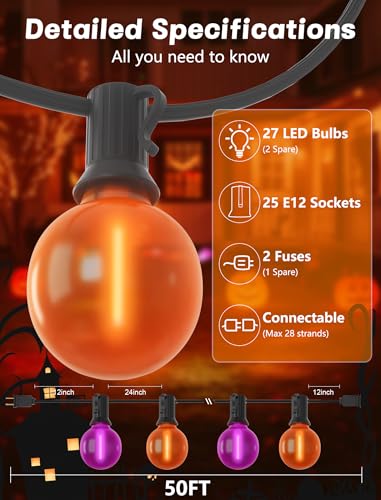 50ft Halloween Outdoor String Lights, G40 LED Halloween Globe Lights with 27 Frosted Orange and Purple Bulbs(2 Spare) for Outdoor Indoor Patio Yard Roofline Decorations, E12 Socket, Black Wire - color: Frosted Orange Purple, size: 50FT