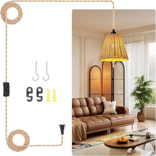 FRIDEKO HOME Rattan Plug in Pendant Light – Boho Hanging Lamp for Room, 15ft Cord No Hardwiring Easy Installation for Bedroom Living Dining Hallway, Vintage Farmhouse Swag Light Fixture - color: 4-Bell Lampshade