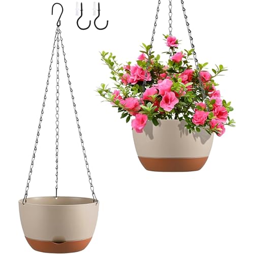 Set of 2 Hanging Planters for Indoor Outdoor Plants, 10 Inch Self-Watering Hanging Flower Pots with Drainage Hole & Removable Water-Storage Tray (Hooks) - color: Beige, size: 10 Inch (M)