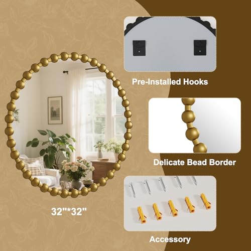 Easly Round Mirror for Wall, 32 Inch Gold Beaded Frame Decorative Vanity Mirror, Circle Bathroom Mirror with High-Definition Lense, Modern Wall Decor for Bathroom, Living Room, Bedroom, Entryway - color: Gold, size: 32"L x 32"W
