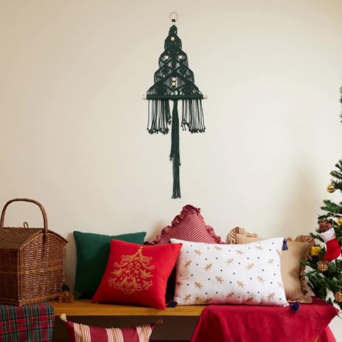 HVEST Green Macrame Christmas Tree Wall Hanging, Dark Green Ornaments for Xmas Tree Handmade Woven Tapestry for Bedroom Boho Christmas Gifts Macrame Wall Art for Living Room Decorations, 32L X 11W - color: Dark Green