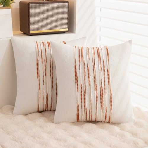 Boho Throw Pillow Covers 18x18 Set of 2 Christmas Decorative Cushion Case Striped Square Pillows Cover Chenille Pillow Cases Accent Neutral Pillowcase for Sofa Couch Bed,White Wine-red - color: Wine-red Stripe
