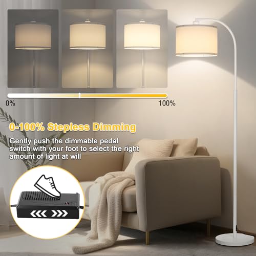 Floor lamps for Living Room, White Arc Floor Lamp with Stepless Dimmer, Modern Standing Lamp with Adjustable Drum Shade, Tall Pole Lamp for Bedroom Study Room Office, 9W 3000K LED Bulb Included - color: White