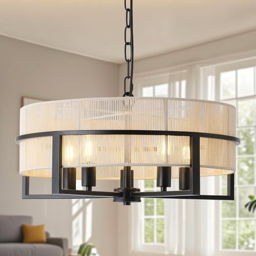 Large Boho Rattan Chandelier,Farmhouse Chandelier for Dining Room Modern Pendant Light Fixture 5-Light Hand Woven Pendant Light Rustic Ceiling - size: 19.5''