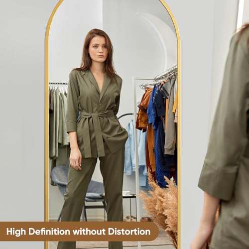 DUMOS 70.4"x25.6" Arched Full Length Mirror with Stand, Floor Body Mirror Shatter-proorf Nano Glass with Aluminum Frame, Free Standing or Hanging Leaning Modern Simple Home Decor, Gold - color: Gold-rounded, size: 70.4"L x 25.6"W