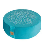 Embroidered Meditation Pillow D=16" H=5.5" Round Velvet Meditation Cushion Yoga Bolster Floor Pouf Zafu Natural Buckwheat hulls Sitting on Floor Removable Organic Cotton Cover Large Kneeling Pillow - color: Cyan Blue