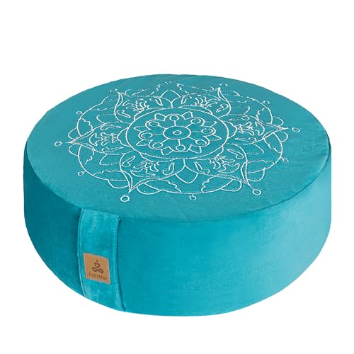 Embroidered Meditation Pillow D=16" H=5.5" Round Velvet Meditation Cushion Yoga Bolster Floor Pouf Zafu Natural Buckwheat hulls Sitting on Floor Removable Organic Cotton Cover Large Kneeling Pillow - color: Cyan Blue