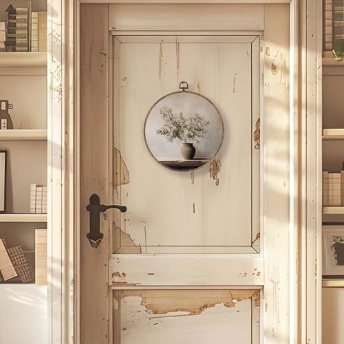 Lengues Vintage Olive Branch Round Wall Art, Pottery Still Life Round Wall Decor, Neutral Modern Organic Canvas Framed Art Prints, Cottagecore Olive Tree Hanging Frame for Home Room Decor 10x10 Inch