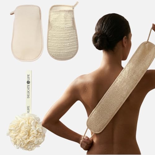 3 Pack Exfoliating Body Scrubber Set – Shower Gloves, Natural Back Scrubber Strap & Bath Pouf Sponge – Jute Cotton Blend Wash Mitt for Full Body Shower Routine & Daily Skin Care