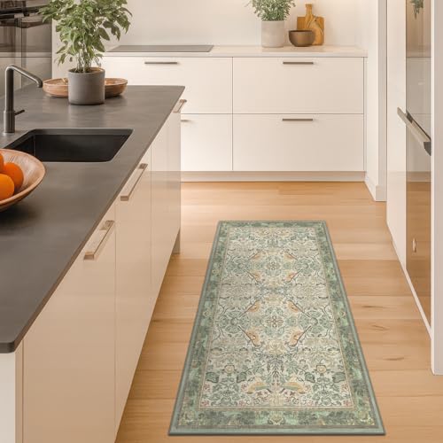 Washable Sage Green Floral Rugs for Entryway - Small 2x4 Runner Rug for Kitchen Bathroom Door Mat Indoor Entrance with Bird & Botanical Pattern, Light Green and Beige, Non Slip Low Pile - color: Sage Green, size: 2' x 4' (Rectangular)
