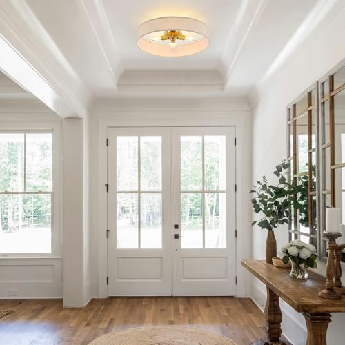 VILUXY Gold Semi-Flush Mount Ceiling Light Fixture 24" Large Modern Ceiling Light with Linen Fabric Drum Shade 5-Light Round Ceiling Lamp for Bedroom Dining Room Entryway - color: Gold&Linen