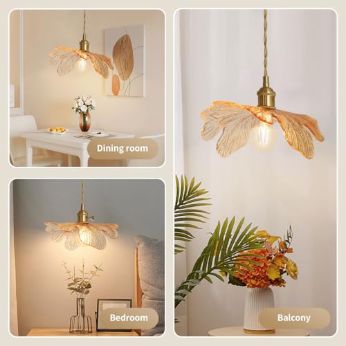 Amber Glass Pendant Lights for Dining Table Mid Century Flower Pendant Lamp with Blown Shade Vintage Gold Brass Adjustable Hanging Light for Kitchen Cabinets Bedroom entryway - color: Amber, Hardwired, size: Hardwired