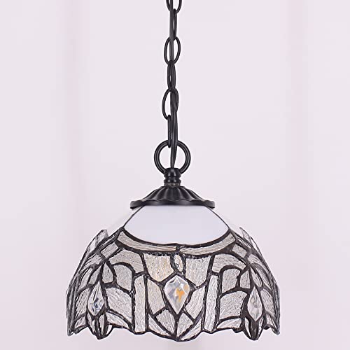 Small Tiffany Pendant Light 8 inch Tiffany Style Stained Glass Pendant Hanging Lamp Small Vintage Hanging Light Fixtures for Home Living Room Restaurant Hallway (White Bending Crtystal Style) - color: White Bending Style