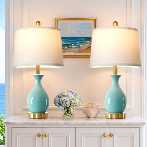 24" Aqua Blue Ceramic Table Lamps Set of 2, Modern Classic Bedside Lamps for Bedroom Nightstand, Small Table Lamp for Living Room End Table (2 LED Bulbs Included) - color: Aqua Blue - 24"H