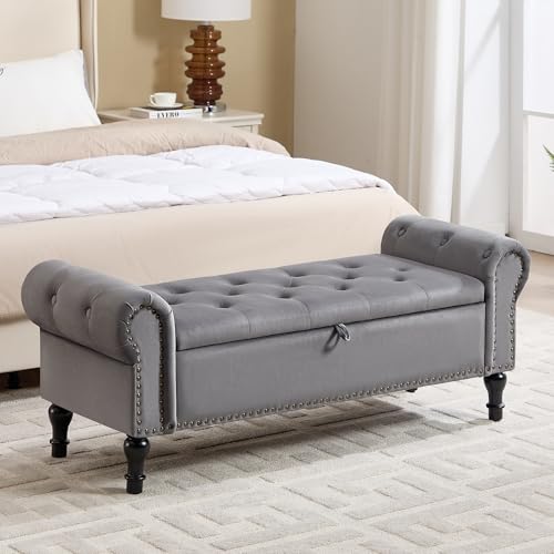 51" Storage Bench for Bedroom, Velvet End of Bed Bench, Queen Size Bench with Rolled Arms, Tufted Storage Ottoman Benches, Upholstered Bench for Bedroom, Living Room, Entryway, Grey - color: Grey, size: 51inch-velvet
