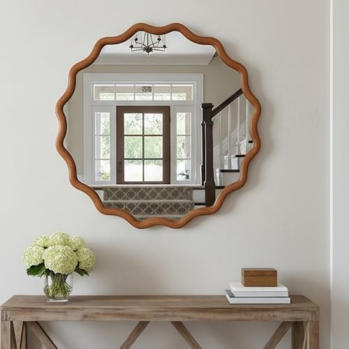 30" Wavy Round Wall Mirror with Solid Wood Frame, Country Irregular Decorative Mirror for Bathroom, Bedroom, Living Room & Entryway, HD Tempered Glass, No Distortion Vanity Mirror (Brown, 30") - color: Brown, size: 30"L x 30"W