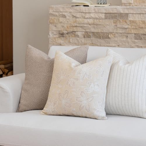 FIOUOVO Floral Throw Pillow Covers 18x18 Set of 2 Farmhouse Pillow Covers Vintage Neutral Accent Pillowcases Decorative Cushion Covers for Sofa Couch Living Room Bedroom Home Decor, Cream - color: Cream, size: 18" x 18" (Pack of 2)