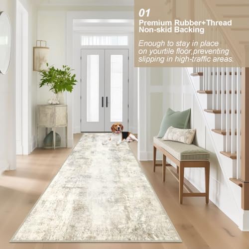 Capslpad 2.6x7 Light Beige Abstract Hallway Runner, Ultra Soft Fabric Washable Runner Rug, Non-Slip Rubber Backing, Stain Resistant Low Pile Runners for Hallways, Kitchen, Entryway, Bedroom, Laundry - color: Beige, size: 2'6" x 8' (Runner)