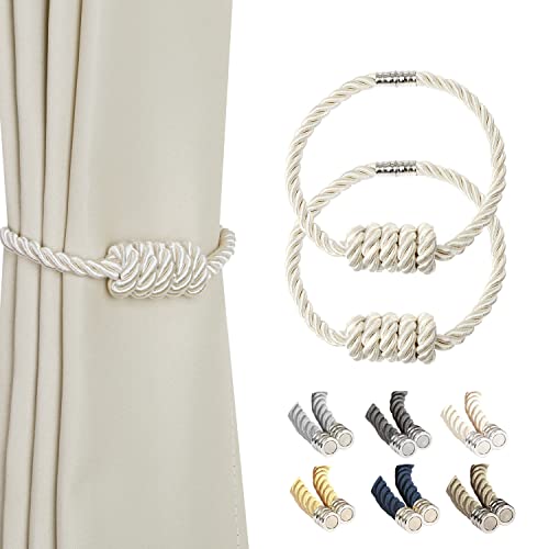 BEL AVENIR Magnetic Curtain Tiebacks, Decorative Drapery Holdbacks Modern Woven Tie-Backs with Exquisite Knot (Beige, 2 Pack) - color: Beige, size: 2 Pack