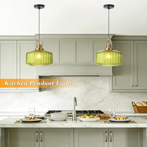 11.8in Mid Century Modern Pendant Light, Gold Large Green Glass | Vintage Lighting Fixture Ceiling Hanging Lamp for Kitchen Island Foyer Dining Room Bedroom Entryway Hallway Over Sink Table - color: Green & Gold Hardwire, size: 11.8in