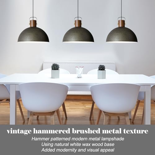 Large Pendant Light Fixtures, 15.7 Inch Vintage Wood Dome Chandelier Lamp, Hammered Matte Brushed Metal Pendant Lamp, Mid Century Gold Ceiling Hanging Light for Dining Room, Living Room Kitchen Island
