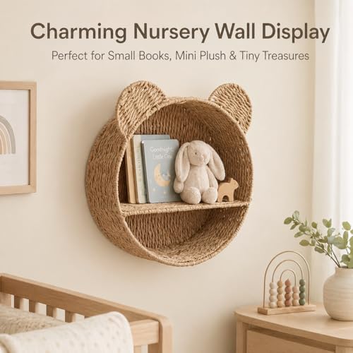 Woven Wall Basket Shelf Bear Nursery Decor — Boho Handwoven Hanging Wall Decor for Kids Room, Paper Rope Stuffed Animal Organizer, Baby Nursery Floating Shelf - color: Khaki