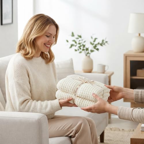 Snuggle Sac Ultra Soft Waffle Throw Blanket for Couch Bed Sofa 50x60 inches, Reversible Cream Blanket Microfiber Fluffy Fuzzy Cozy Knit Throws for Women Mothers Birthday Gifts - color: Waffle Cream, size: Throw(50"x60")