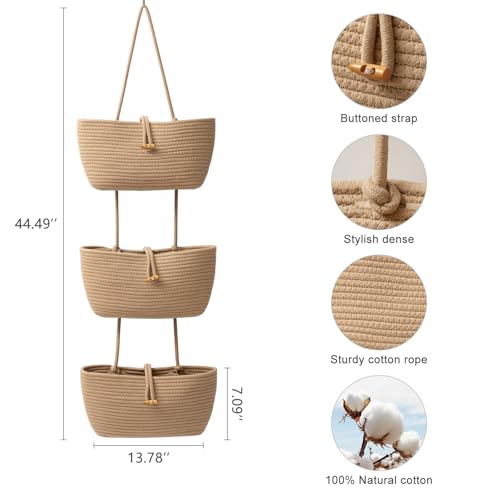 TeoKJ 3-Tier Cotton Rope Baskets with Button Strap Over the Door Wall Hanging Baskets for Nursery, Living Room, Bathroom, Door Storage Organizer for Decoration-Jute - color: Jute, style: 3 tier+Button