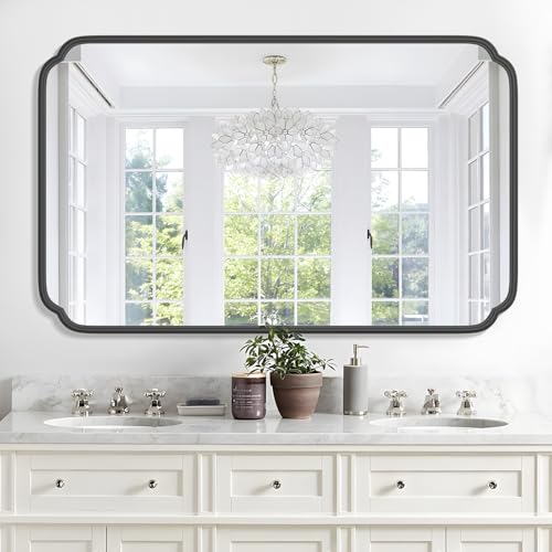 Ferytange White 30"x48" Bathroom Mirror for Wall, Large Bathroom Vanity Mirror, Rounded Rectangle Mirror in Wooden Frame Hangs Horizontal Or Vertical - color: Black, size: 48"L x 30"W