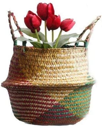 Natural Seagrass Basket - BESTCHANCEUS Seagrass Belly Basket with Handles Handmade Foldable Tote for Storage,Laundry, Picnic, Plant Pot Cover, and Beach Bag Colorful 29x26CM