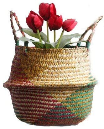 Natural Seagrass Basket - BESTCHANCEUS Seagrass Belly Basket with Handles Handmade Foldable Tote for Storage,Laundry, Picnic, Plant Pot Cover, and Beach Bag Colorful 29x26CM - size: 29x26CM