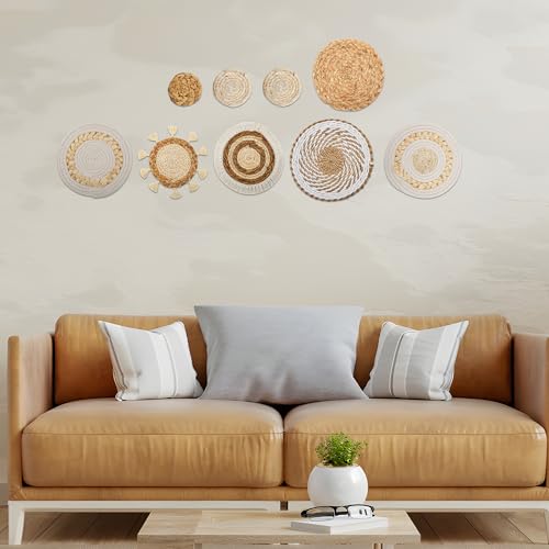 Boho Wall Basket Decor Set of 9, Woven Hanging Wall Decor Seagrass Rattan Wicker Round Handmade Rustic Flat Elegant Wall Art for Farmhouse Living Rooms Bedrooms Display Table Settings Kitchen Home