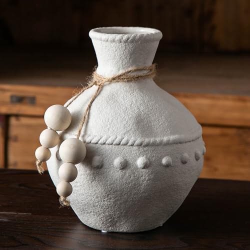 Mowtanco Rustic Ceramic Vase with Boho Wooden Beads, Matte Decorative Pottery for Modern Farmhouse and Bohemian Decor, Floral Arrangements, Living Room, Dining Table Centerpieces - color: White - Large