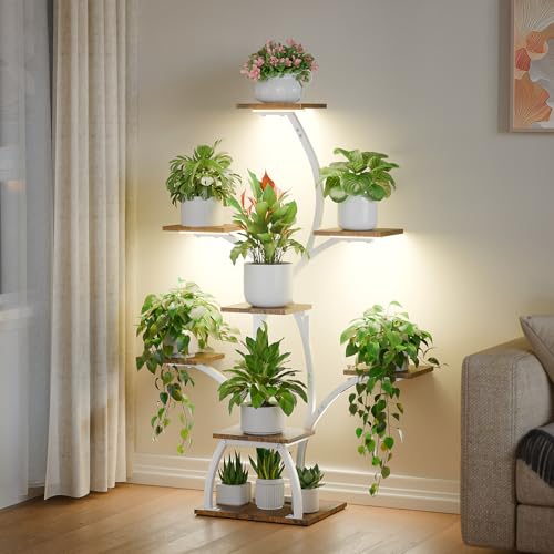 Plant Stand Indoor with Grow Lights, 6 Tiered Plant Shelf Indoor, 50" Corner Plant Stands for Indoor Plants, Lighted Tree-Shaped Plant Holder, Tall Flower Display Rack for Living Room, Patio（White) - color: White