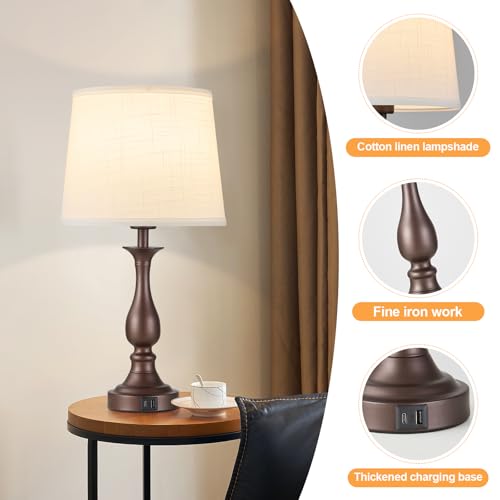 Bedside Table Lamp Touch Control Bedroom Lamps with USB A + C Charging Port 3 Way Dimmable Touch Lamps for Nightstand Living Room Bedroom Dorm Home Office Reading, Set of 2 (White Shade & Brown Base) - color: White Shade & Brown Base