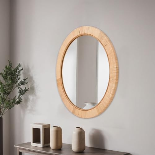 FUIN 20" Boho Round Rattan Mirror – Handwoven Wicker Wall Mirror for Nursery, Farmhouse & Coastal Décor - color: Rattan, size: 20"L x 20"W