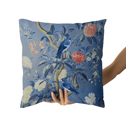 Chinoiserie Pillow Cover 18x18 Inch Vintage Navy Blue Floral Throw Pillow Covers Farmhouse Flower Bird Decorative Outdoor Pillowcase Cotton Cushion Cover for Couch Sofa Bed Decor (Pack of 2) - color: Deep Blue, size: 18" x 18" (Pack of 2)