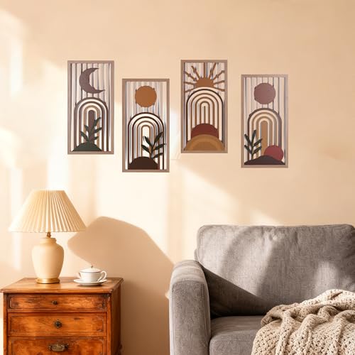 Boho Wall Art Set of 4, Terracotta Wall Decor & Burnt Orange Bedroom Decor, Orange Modern Wall Art with Arch/Botanical Design - Mid-Century 3D Wooden Abstract Geometric Artwork for Home Living Room Office(C) - color: C