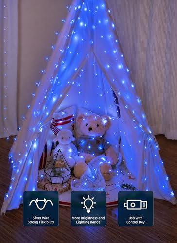 Brightown 300 LED Blue Fairy Curtain Lights, 9.8ft x 9.8ft String Lights, USB Plug in 8 Lighting Modes Christmas String Hanging Lights with Remote for Bedroom Indoor Outdoor Party Xmas Blue 1 Pack - color: Blue, size: 1 Pack-300 LED-USB Plug