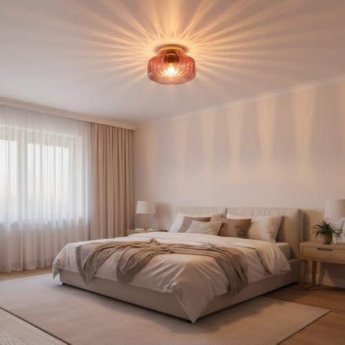8.66" Low-Profile Purple Glass Flush Mount Ceiling Light, Gold Metal 1-Light Fixture, Easy Install Semi-Flush Lamp for Small Bedrooms, Bathrooms, Closets - color: Small, 8.66" Purple
