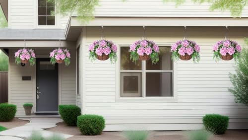 Ammyoo Artificial Flowers in Hanging Basket Planter for Home Spring Summer Decoration, Silk Hydrangea Outdoor Indoor Arrangements, 12" Metal Coconut Lining Basket with Faux Plant(Pink) - color: Z-pink With Basket