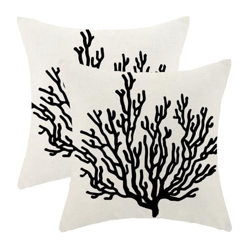 Black Pillow Covers 18x18 Pack of 2 Summer Coastal Coral Decorative Throw Pillow Covers,Outdoor Decoration Nautical Ocean Theme Coral Pillowcase Farmhouse Square Cushion Case for Couch Sofa - color: Coral-black-b2, size: 18" x 18" (Pack of 2)