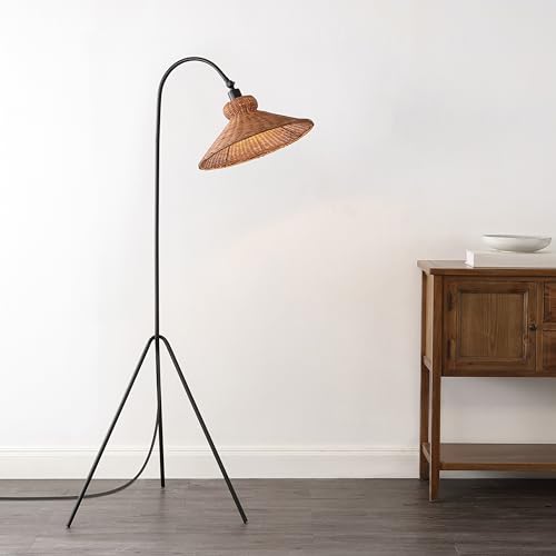 SAFAVIEH Lighting Collection Myah Modern Boho Black/Brown Shade Rattan 62-inch Tripod Floor Lamp (LED Bulb Included)