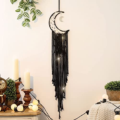 Black Macrame Moon Dream Catcher, Witchy Crescent Phase Woven Wall Hanging with Light, Handmade Gothic Bohemian Nursery Decor with Star Decoration for Home Bedroom, for Girl Kids - color: Black, size: With Light