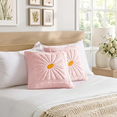 EMEMA Set of 2 Spring Summer Sunflower Floral Pillow Covers, Plush Faux Fur Decorative 18x18 Cushion Cases Adding a Soft, Bright Seasonal Accent to Sofa Couch Bed Modern Farmhouse Living Room, Pink - color: Light Pink, size: 18" x 18" (Pack of 2)