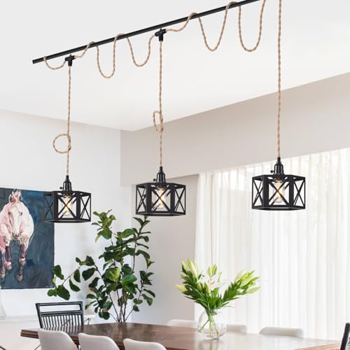 3 Light Plug in Pendant Light Rattan Hanging Lights with Switch 22FT Industrial Ceiling Light,Plug in Cord with Woven Hemp Rope Lamp Shade, Hanging Lamp Cord Farmhouse Cable DIY - color: 3 Light Style A